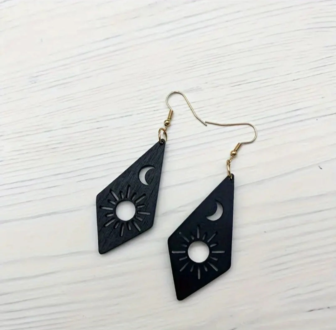 Moon Sun Wood Earrings